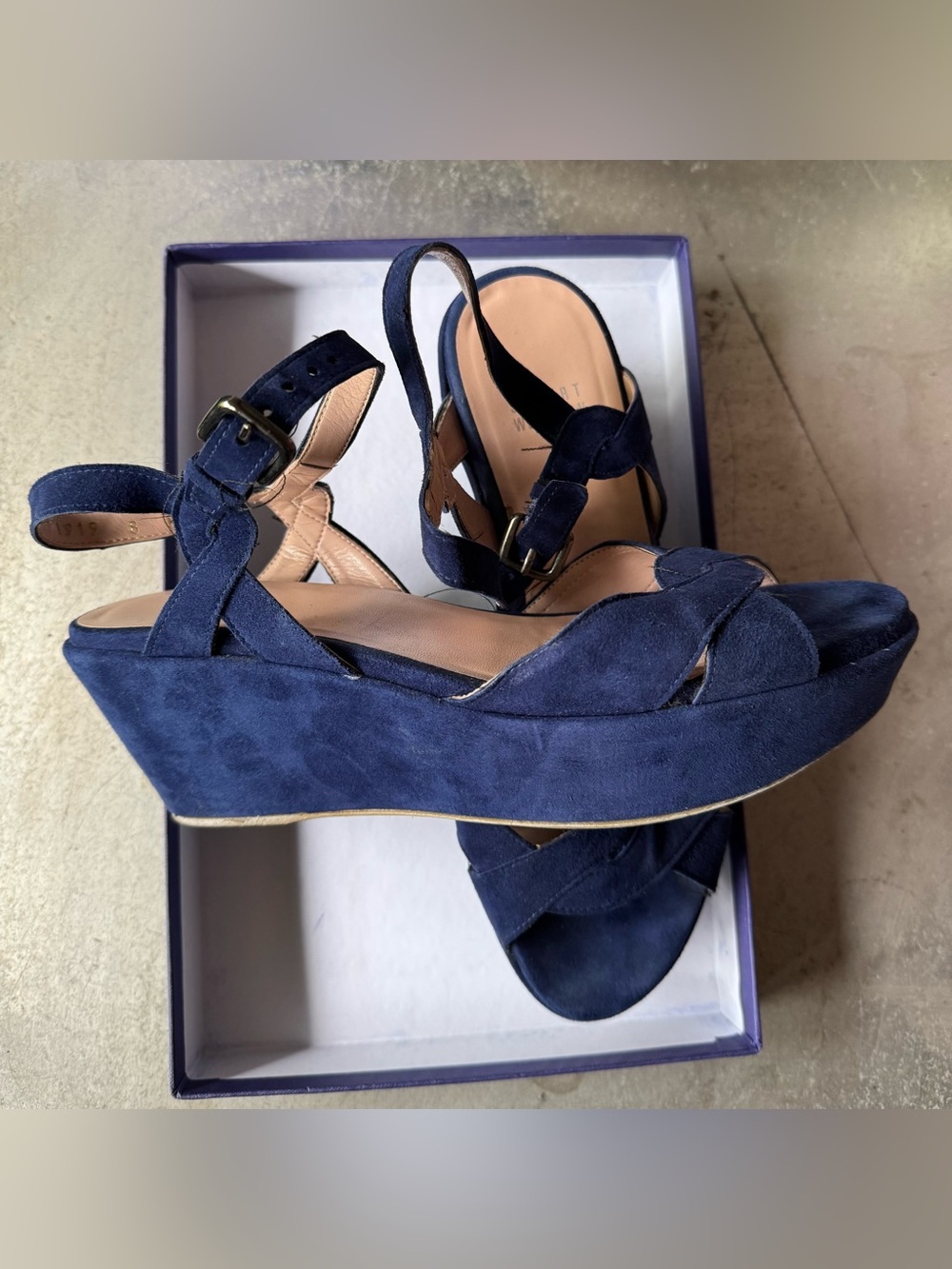 Stuart Weitzman navy blue sandals platform size 8 wedge heels cobalt suede - Picture 2 of 9